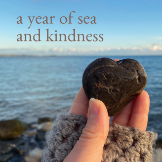 A hand holding a heart stone by the ocean, reminding us to step into a year of sea and kindess